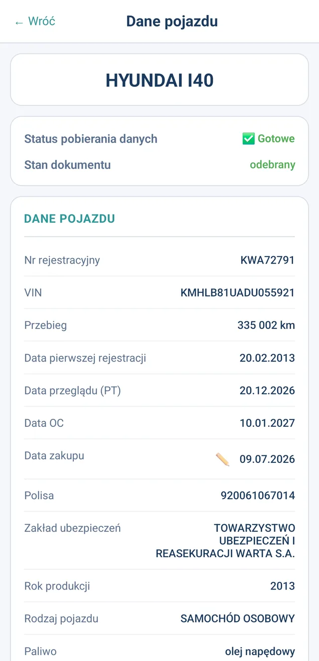 Dane pojazdu w eMiras: status OC, data przeglądu, polisa i zakład ubezpieczeń z bazy CEPiK i UFG