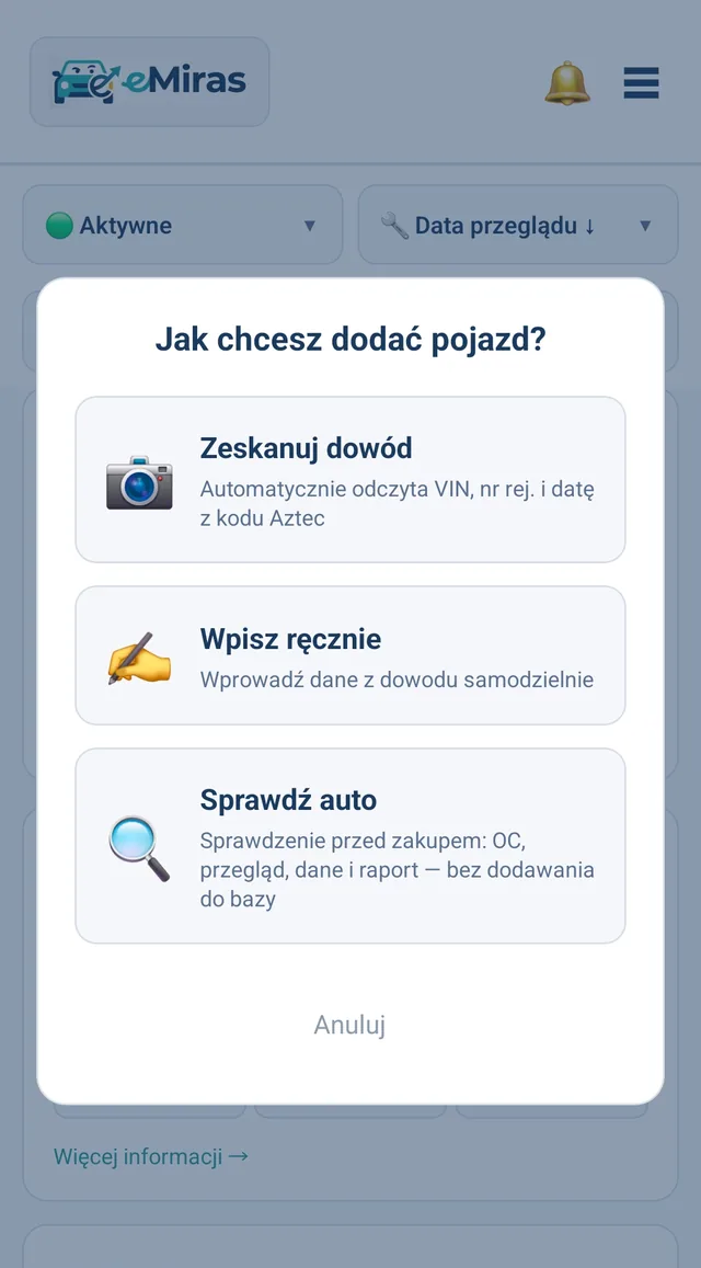 Dodawanie pojazdu w eMiras: zeskanuj dowód, wpisz ręcznie albo sprawdź auto przed zakupem