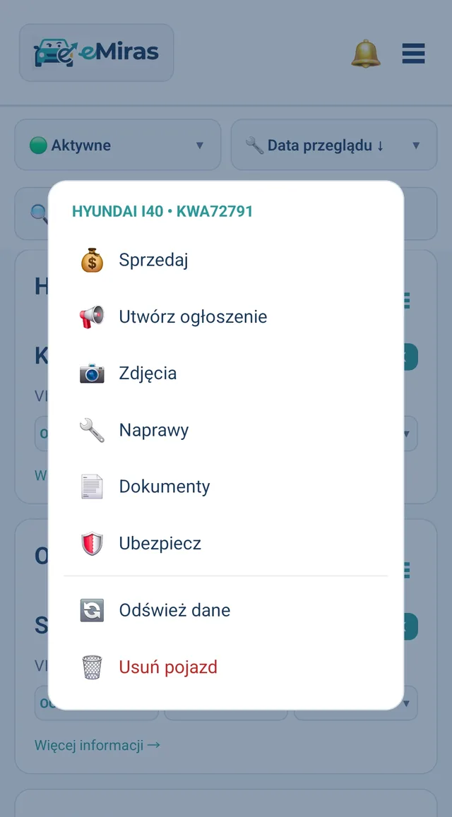 Menu pojazdu w eMiras: sprzedaż, ogłoszenie OLX, zdjęcia, naprawy, dokumenty, ubezpieczenie